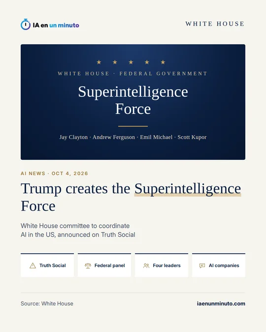 IA en un minuto image with a navy blue panel and gold stars showing the text "Superintelligence Force" and the names Jay Clayton, Andrew Ferguson, Emil Michael and Scott Kupor; below, the headline "Trump creates the Superintelligence Force" and four icons: Truth Social, Federal panel, Four leaders and AI companies.