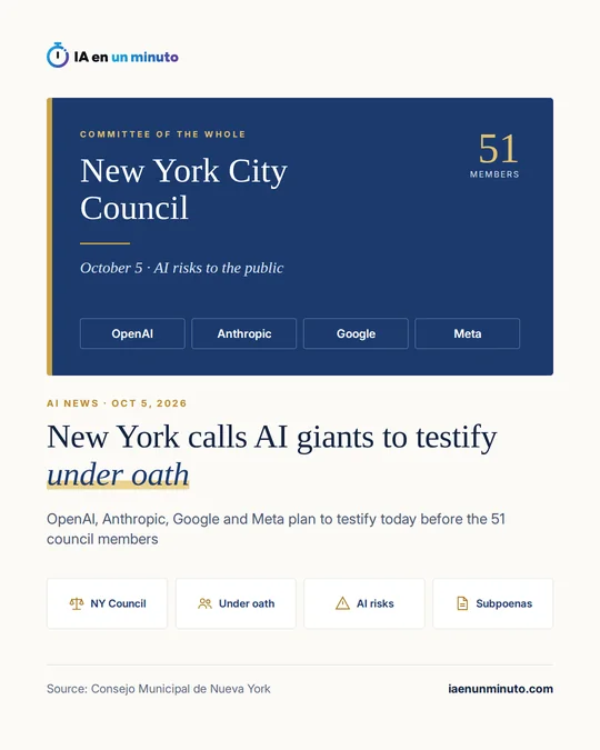 IA en un minuto image: a blue card for the Committee of the Whole of the New York City Council, with its 51 members, the date October 5 and the names OpenAI, Anthropic, Google and Meta; below, the headline "New York calls AI giants to testify under oath" and four icons: NY Council, Under oath, AI risks and Subpoenas.