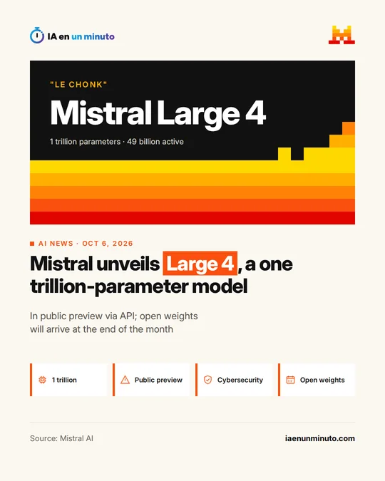IA en un minuto image about Mistral Large 4, le Chonk, with the Mistral logo, the headline Mistral unveils Large 4, a one trillion-parameter model, and the note that it is in public preview via API, with open weights arriving at the end of the month.
