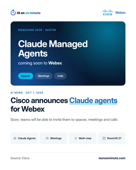 IA en un minuto image with the Cisco logo, the text Claude Managed Agents coming soon to Webex, the labels Spaces, Meetings and Calls, the headline Cisco announces Claude agents for Webex and icons for Claude agents, meetings, multi-step work and RoomOS 27.