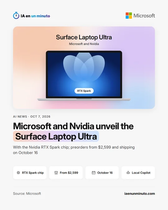 Illustration of a laptop with an RTX Spark label on its screen, under the title Surface Laptop Ultra by Microsoft and Nvidia, showing a starting price of $2,599 and the October 16 date.