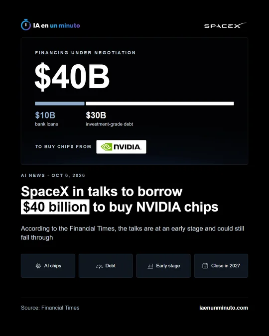 IA en un minuto image with a financing under negotiation panel of $40B split into $10B in bank loans and $30B in investment-grade debt to buy chips from NVIDIA, the headline SpaceX in talks to borrow $40 billion to buy NVIDIA chips and the labels AI chips, Debt, Early stage and Close in 2027.
