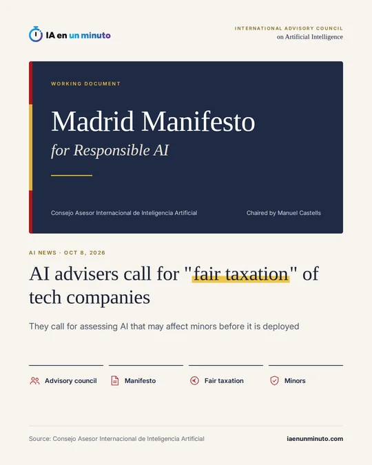 Dark blue cover with the title "Madrid Manifesto for Responsible AI", a working document by Spain's International Advisory Council on Artificial Intelligence chaired by Manuel Castells, and the headline "AI advisers call for fair taxation of tech companies", with icons for advisory council, manifesto, fair taxation and minors.