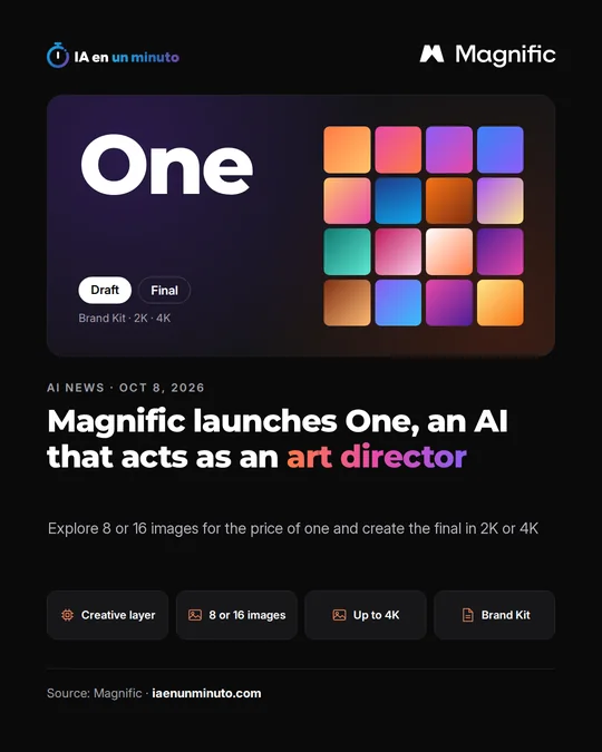 IA en un minuto image about Magnific One with the Magnific logo, the Draft and Final modes, Brand Kit, 2K and 4K next to a grid of 16 colorful images, and the headline Magnific launches One, an AI that acts as an art director.