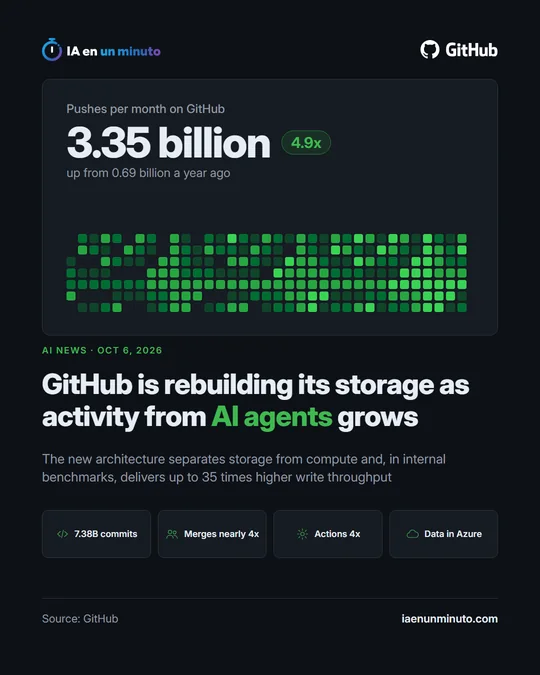 IA en un minuto card about GitHub: GitHub is rebuilding its storage as activity from AI agents grows, with 3.35 billion pushes a month, 7.38 billion commits, merges nearly four times higher and data in Azure.