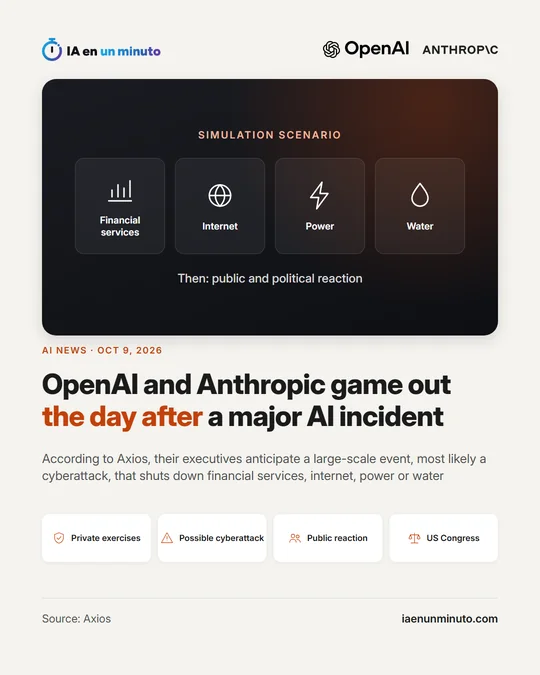 IA en un minuto card about OpenAI and Anthropic: they game out the day after a major AI incident that shuts down financial services, internet, power or water, with the public and political reaction and the US Congress.
