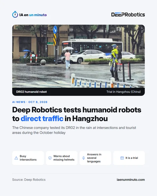 IA en un minuto image with the Deep Robotics logo. Photo of a humanoid robot in a reflective vest at a rain-soaked intersection, captioned DR02 humanoid robot, trial in Hangzhou (China). Headline: Deep Robotics tests humanoid robots to direct traffic in Hangzhou. Below, four tags: Busy intersections, Warns about missing helmets, Answers in several languages and It is a trial. Source: Deep Robotics.