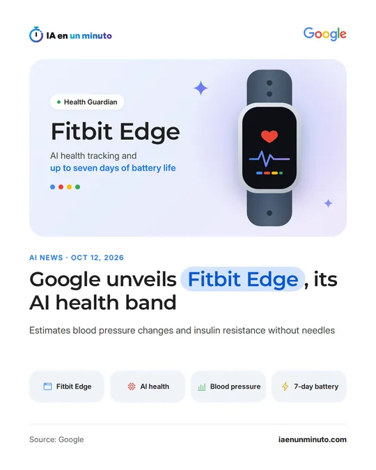 IA en un minuto image with the Google logo. Drawing of a band with a heart and a pulse line on its screen, with the tag Health Guardian and the label Fitbit Edge: AI health tracking and up to seven days of battery life. Headline: Google unveils Fitbit Edge, its AI health band. Below: Estimates blood pressure changes and insulin resistance without needles. Four labels: Fitbit Edge, AI health, Blood pressure and 7-day battery. Source: Google.