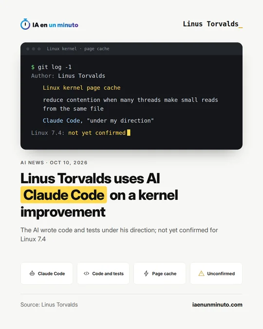 IA en un minuto image showing a terminal with a git log by Linus Torvalds about the Linux kernel page cache, made with Claude Code under his direction and not yet confirmed for Linux 7.4, next to the headline and four icons: Claude Code, code and tests, page cache and unconfirmed.