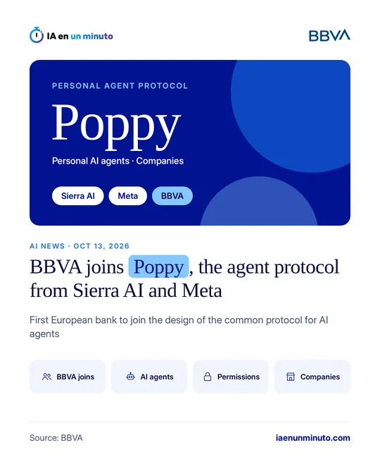IA en un minuto image on a blue background with the name Poppy (Personal Agent Protocol), personal AI agents and companies, and the Sierra AI, Meta and BBVA brands.