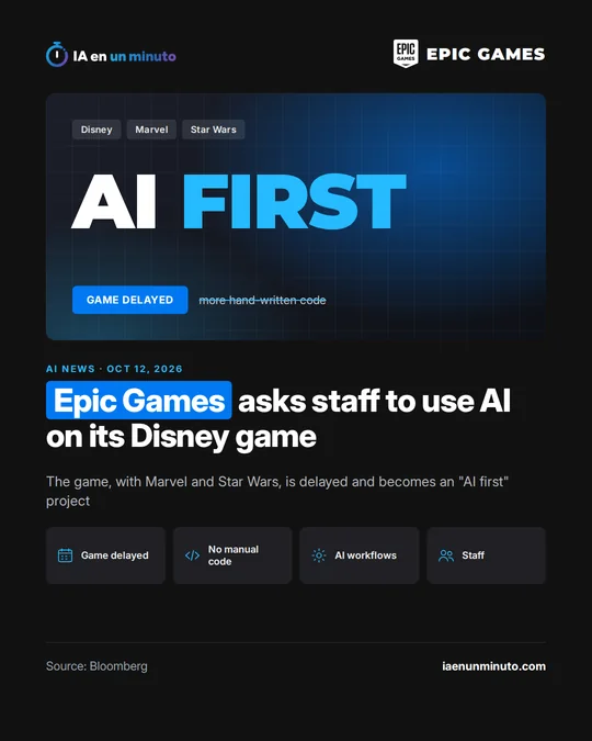 IA en un minuto image with the Epic Games logo. In large type, the words AI first, with the tags Disney, Marvel and Star Wars, a Game delayed label and, struck through, more hand-written code. Headline: Epic Games asks staff to use AI on its Disney game. Subtitle: The game, with Marvel and Star Wars, is delayed and becomes an AI first project. Four labels: Game delayed, No manual code, AI workflows and Staff. Source: Bloomberg.