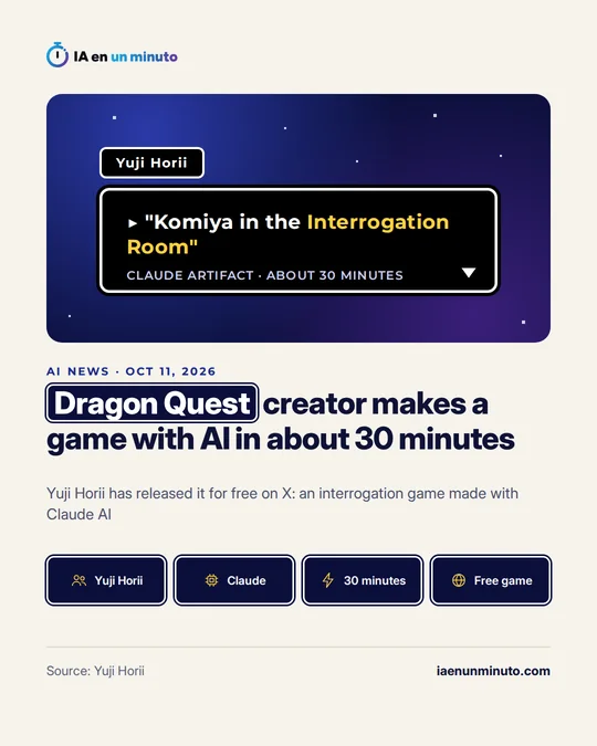 IA en un minuto card with a retro video game dialogue box showing 'Komiya in the Interrogation Room' and the headline: Dragon Quest creator makes a game with AI in about 30 minutes.