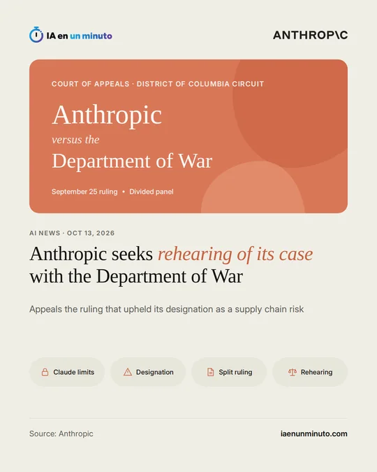 IA en un minuto graphic with the Anthropic logo and the label «Anthropic versus the Department of War» before the Court of Appeals for the District of Columbia Circuit (September 25 ruling, divided panel), with the headline «Anthropic seeks rehearing of its case with the Department of War».