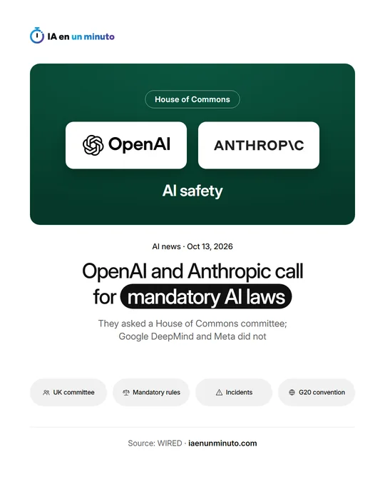 IA en un minuto graphic with the OpenAI and Anthropic logos on a green panel with the labels «House of Commons» and «AI safety», the headline «OpenAI and Anthropic call for mandatory AI laws», the line «They asked a House of Commons committee; Google DeepMind and Meta did not» and the labels «UK committee», «Mandatory rules», «Incidents» and «G20 convention».