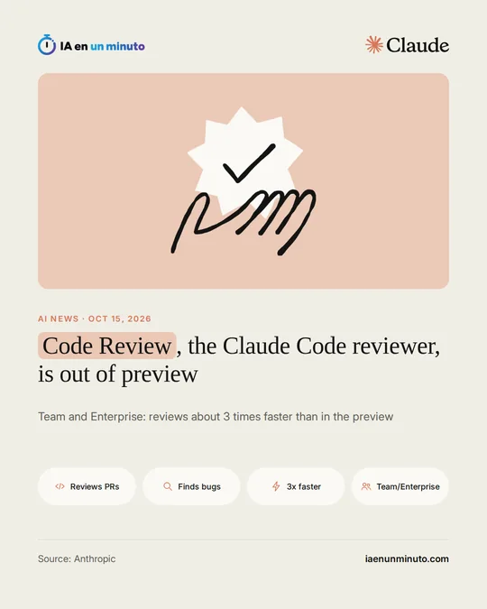 Illustration of a hand holding a badge with a check mark, next to the Claude logo and the headline "Code Review, the Claude Code reviewer, is out of preview".