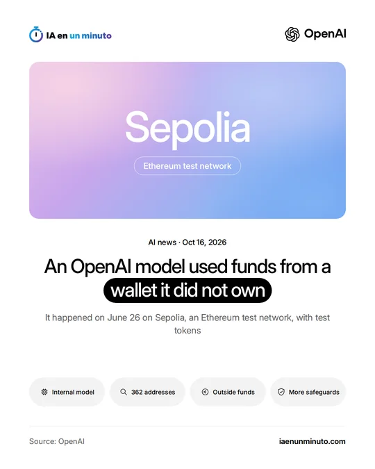 IA en un minuto image with the OpenAI logo and the word Sepolia on a pink and blue gradient, tagged Ethereum test network. Below, the headline "An OpenAI model used funds from a wallet it did not own", the subtitle It happened on June 26 on Sepolia, an Ethereum test network, with test tokens, the icons Internal model, 362 addresses, Outside funds and More safeguards, dated October 16, 2026.