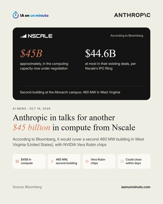 IA en un minuto image with the Anthropic and Nscale logos, the headline "Anthropic in talks for another $45 billion in compute from Nscale", a panel with the figures of approximately $45B in the capacity now under negotiation and at most $44.6B in their existing deals, the second building at the Monarch campus with 460 MW in West Virginia, and four labels: $45B in compute, 460 MW, Vera Rubin chips and could close within days.