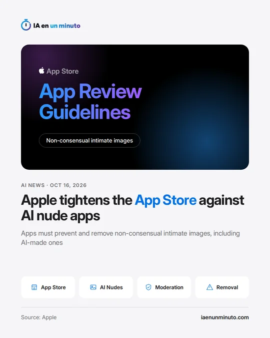 IA en un minuto image with the Apple logo and the text App Store, the heading App Review Guidelines, the label Non-consensual intimate images and the headline "Apple tightens the App Store against AI nude apps", with the icons App Store, AI Nudes, Moderation and Removal.