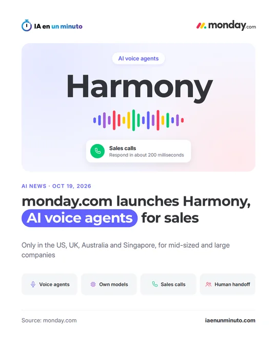 IA en un minuto image with the monday.com logo, the word Harmony above a colorful sound wave, a card about sales calls that respond in about 200 milliseconds, the headline "monday.com launches Harmony, AI voice agents for sales", a subtitle saying it is only available in the US, UK, Australia and Singapore for mid-sized and large companies, and four labels: voice agents, own models, sales calls and human handoff.