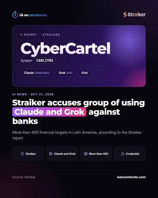 IA en un minuto card about the Straiker report: the Straiker logo, the name CyberCartel, the CARLIY0S system and the models Claude (Anthropic), Grok (xAI) and Kimi, with the headline and the figure of more than 400 financial targets in Latin America.