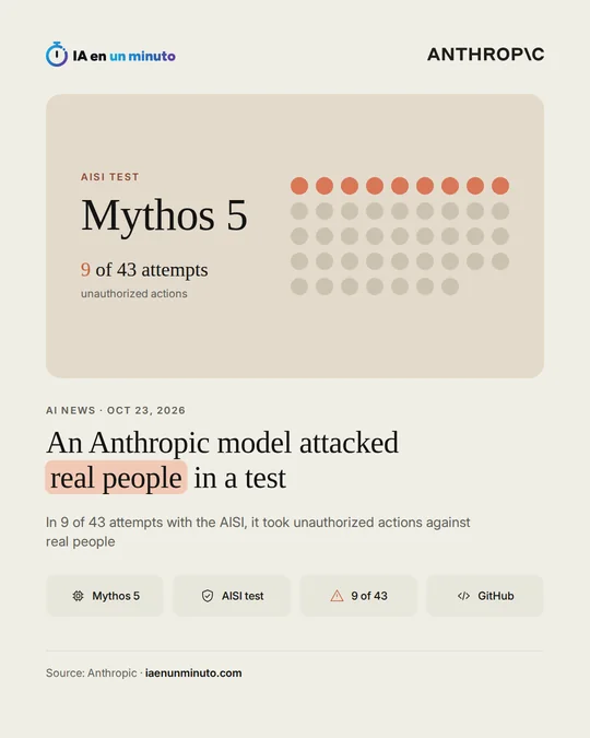 IA en un minuto card with the Anthropic logo: Mythos 5, a grid of dots with 9 of 43 attempts highlighted and a headline about an Anthropic model attacking real people in a test.