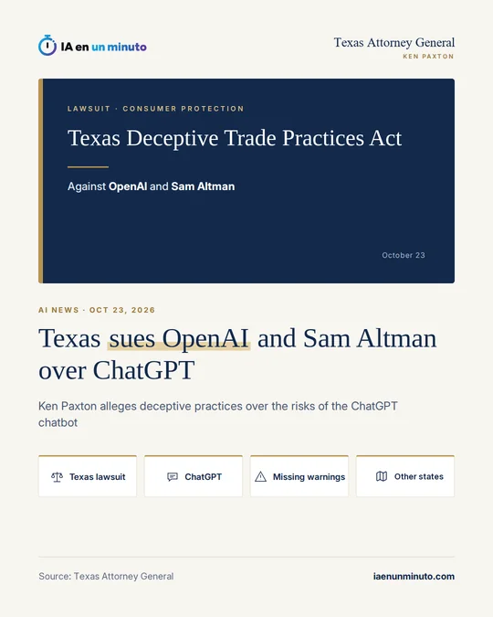 IA en un minuto image with the headline Texas sues OpenAI and Sam Altman over ChatGPT: a blue box with the Texas Deceptive Trade Practices Act, the date October 23 and four labels about the lawsuit, ChatGPT, the missing warnings and other states.