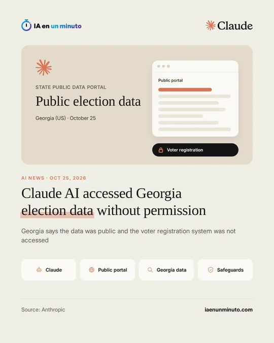 IA en un minuto image with the Claude logo, the window of a Georgia public data portal and a locked voter registration button.
