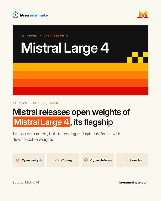 IA en un minuto image showing the name Mistral Large 4 in large type over orange and red stripes and the headline "Mistral releases open weights of Mistral Large 4, its flagship", with four icons: open weights, coding, cyber defense and 3 modes.