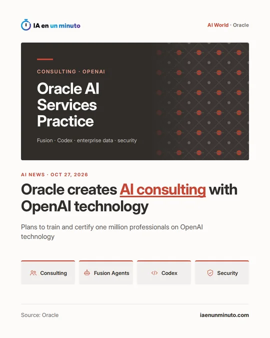 IA en un minuto image with the headline "Oracle creates AI consulting with OpenAI technology", the name Oracle AI Services Practice, the plan to train and certify one million professionals and four icons: consulting, Fusion agents, Codex and security.