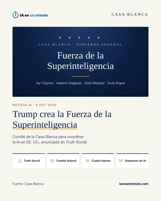 Imagen de IA en un minuto con un recuadro azul marino y estrellas doradas con el texto "Fuerza de la Superinteligencia" y los nombres Jay Clayton, Andrew Ferguson, Emil Michael y Scott Kupor; debajo, el titular "Trump crea la Fuerza de la Superinteligencia" y cuatro iconos: Truth Social, Comité federal, Cuatro líderes y Empresas de IA.