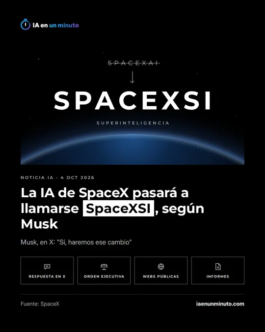 Imagen de IA en un minuto con el nombre SpaceXAI tachado y una flecha hacia SpaceXSI, con la palabra superinteligencia, sobre el horizonte de un planeta; debajo, el titular de que la IA de SpaceX pasará a llamarse SpaceXSI y la cita de Musk en X.