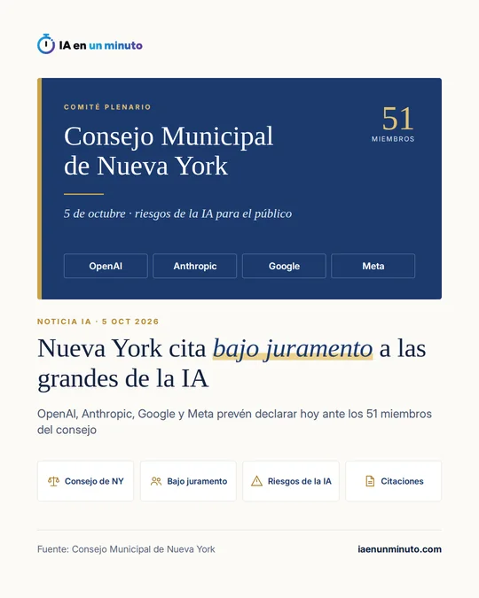 Imagen de IA en un minuto: tarjeta azul del Comité Plenario del Consejo Municipal de Nueva York, con sus 51 miembros, la fecha del 5 de octubre y los nombres de OpenAI, Anthropic, Google y Meta; debajo, el titular "Nueva York cita bajo juramento a las grandes de la IA" y cuatro iconos: Consejo de NY, Bajo juramento, Riesgos de la IA y Citaciones.