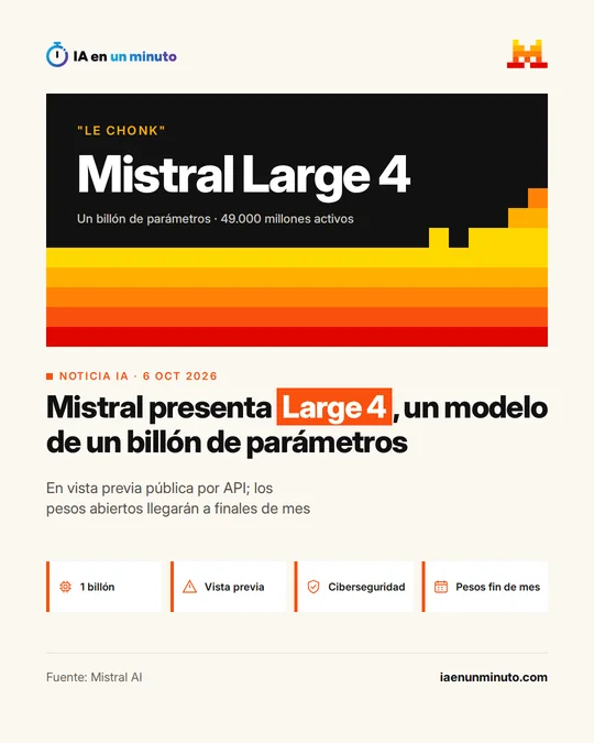 Imagen de IA en un minuto sobre Mistral Large 4, le Chonk, con el logo de Mistral, el titular Mistral presenta Large 4, un modelo de un billón de parámetros, y el dato de que está en vista previa pública por API y los pesos abiertos llegarán a finales de mes.