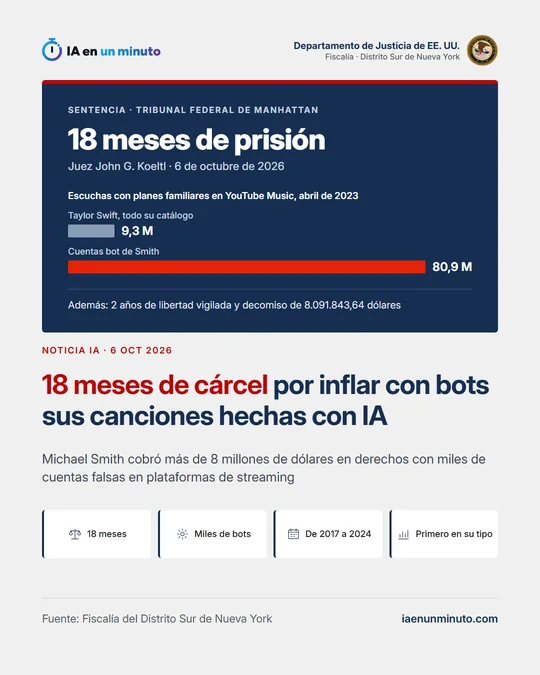 Imagen de IA en un minuto con el sello de la Fiscalía del Distrito Sur de Nueva York, la fecha 6 oct 2026, el titular 18 meses de cárcel por inflar con bots sus canciones hechas con IA, el subtítulo Michael Smith cobró más de 8 millones de dólares en derechos con miles de cuentas falsas en plataformas de streaming y los iconos 18 meses, Miles de bots, De 2017 a 2024 y Primero en su tipo.