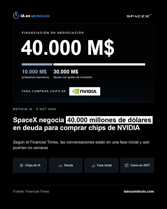 Imagen de IA en un minuto con un panel de financiación en negociación de 40.000 M$ dividido en 10.000 M$ de préstamos bancarios y 30.000 M$ de deuda con grado de inversión para comprar chips de NVIDIA, el titular SpaceX negocia 40.000 millones de dólares en deuda para comprar chips de NVIDIA y las etiquetas Chips de IA, Deuda, Fase inicial y Cierre en 2027.