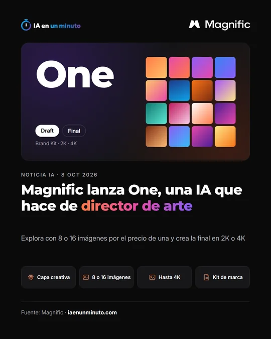 Imagen de IA en un minuto sobre Magnific One con el logotipo de Magnific, los modos Draft y Final, Brand Kit, 2K y 4K junto a una cuadrícula de 16 imágenes de colores, y el titular Magnific lanza One, una IA que hace de director de arte.