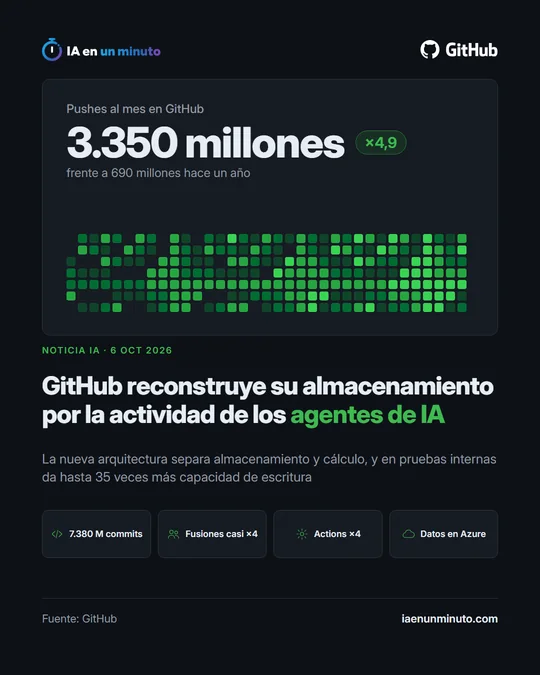 Tarjeta de IA en un minuto sobre GitHub: GitHub reconstruye su almacenamiento por la actividad de los agentes de IA, con 3.350 millones de pushes al mes, 7.380 millones de commits, fusiones casi cuatro veces más y los datos en Azure.