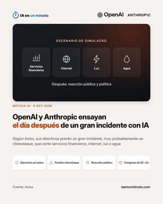 Tarjeta de IA en un minuto sobre OpenAI y Anthropic: ensayan el día después de un gran incidente con IA que corte servicios financieros, internet, luz o agua, con la reacción pública y política y el Congreso de EE. UU.