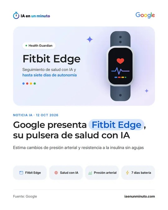 Imagen de IA en un minuto con el logo de Google. Dibujo de una pulsera con un corazón y una línea de pulso en la pantalla, con la etiqueta Health Guardian y el rótulo Fitbit Edge: Seguimiento de salud con IA y hasta siete días de autonomía. Titular: Google presenta Fitbit Edge, su pulsera de salud con IA. Debajo: Estima cambios de presión arterial y resistencia a la insulina sin agujas. Cuatro etiquetas: Fitbit Edge, Salud con IA, Presión arterial y 7 días batería. Fuente: Google.