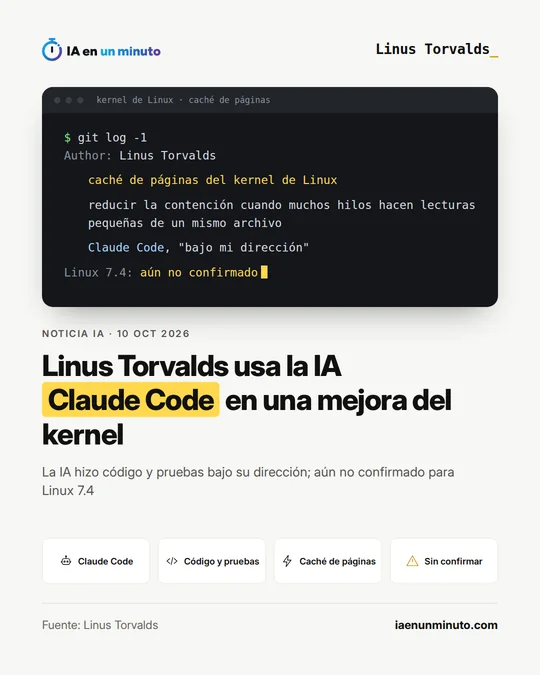 Imagen de IA en un minuto con una terminal que muestra un git log de Linus Torvalds sobre la caché de páginas del kernel de Linux, hecho con Claude Code «bajo mi dirección» y aún no confirmado para Linux 7.4, junto al titular y cuatro iconos: Claude Code, código y pruebas, caché de páginas y sin confirmar.