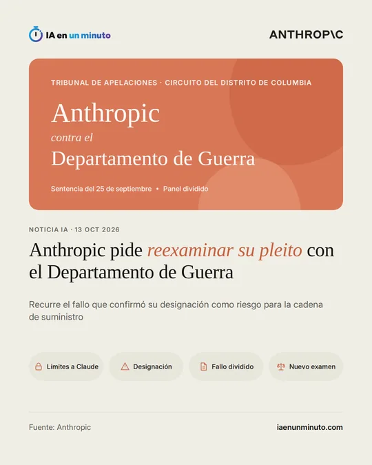 Imagen de IA en un minuto con el logotipo de Anthropic y el rótulo «Anthropic contra el Departamento de Guerra» ante el Tribunal de Apelaciones del Circuito del Distrito de Columbia (sentencia del 25 de septiembre, panel dividido), con el titular «Anthropic pide reexaminar su pleito con el Departamento de Guerra».