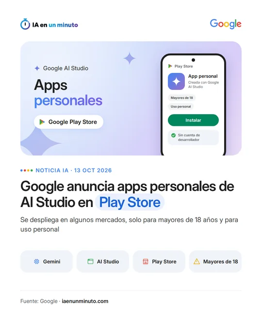 Imagen de IA en un minuto con el logotipo de Google y un móvil que muestra en Play Store una app personal creada con Google AI Studio, con las etiquetas «Mayores de 18» y «Uso personal», el botón «Instalar» y el aviso «Sin cuenta de desarrollador»; debajo, el titular «Google anuncia apps personales de AI Studio en Play Store» y los rótulos «Gemini», «AI Studio», «Play Store» y «Mayores de 18».