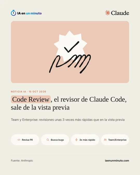Ilustración de una mano que sostiene un sello con una marca de verificación, junto al logotipo de Claude y el titular "Code Review, el revisor de Claude Code, sale de la vista previa".