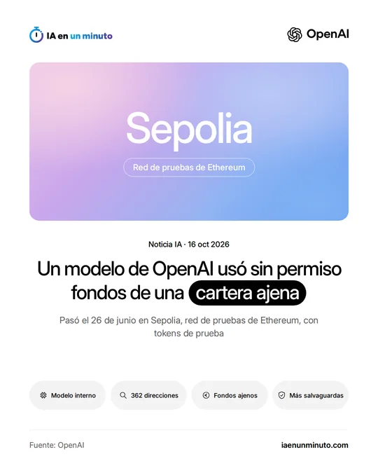 Imagen de IA en un minuto con el logotipo de OpenAI y la palabra Sepolia sobre un degradado rosa y azul, con la etiqueta Red de pruebas de Ethereum. Debajo, el titular "Un modelo de OpenAI usó sin permiso fondos de una cartera ajena", el subtítulo Pasó el 26 de junio en Sepolia, red de pruebas de Ethereum, con tokens de prueba, los iconos Modelo interno, 362 direcciones, Fondos ajenos y Más salvaguardas, y la fecha 16 de octubre de 2026.