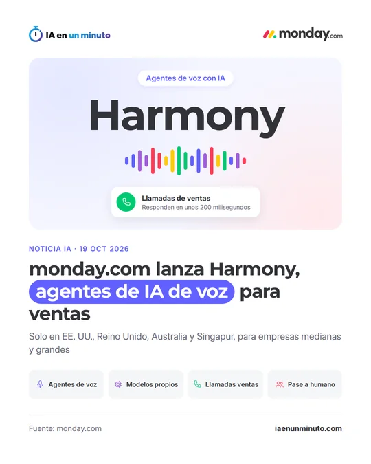Imagen de IA en un minuto con el logotipo de monday.com, la palabra Harmony sobre una onda de sonido de colores, una tarjeta de llamadas de ventas que responden en unos 200 milisegundos, el titular "monday.com lanza Harmony, agentes de IA de voz para ventas", el subtítulo de que solo está en EE. UU., Reino Unido, Australia y Singapur para empresas medianas y grandes, y cuatro etiquetas: agentes de voz, modelos propios, llamadas de ventas y pase a humano.