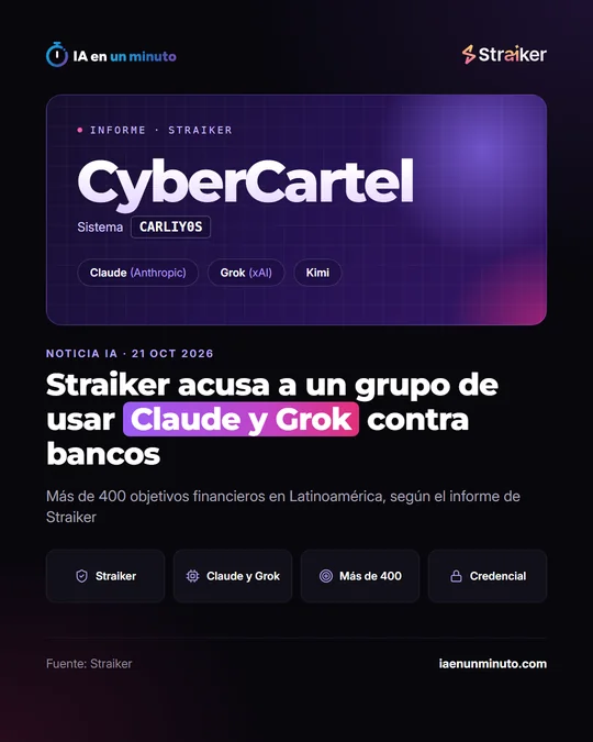 Cartel de IA en un minuto sobre el informe de Straiker: el logotipo de Straiker, el nombre CyberCartel, el sistema CARLIY0S y los modelos Claude (Anthropic), Grok (xAI) y Kimi, con el titular y el dato de más de 400 objetivos financieros en América Latina.