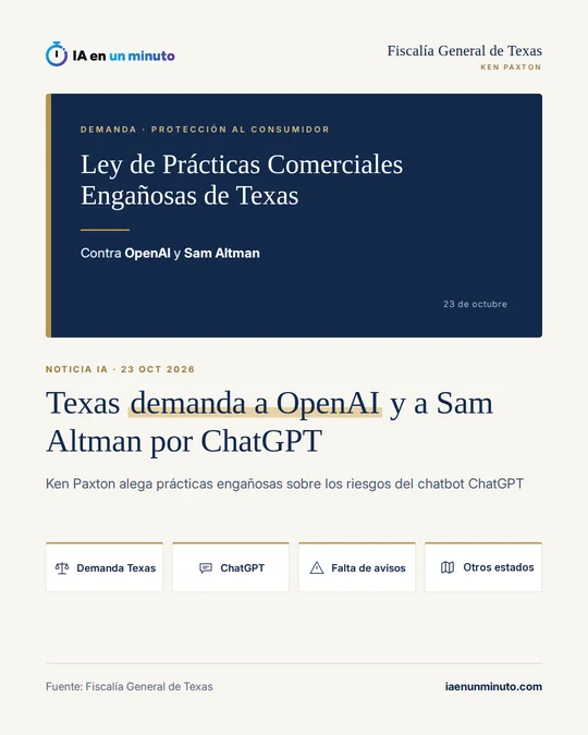 Imagen de IA en un minuto con el titular Texas demanda a OpenAI y a Sam Altman por ChatGPT: un recuadro azul con la Ley de Prácticas Comerciales Engañosas de Texas, la fecha del 23 de octubre y cuatro etiquetas sobre la demanda, ChatGPT, la falta de avisos y otros estados.