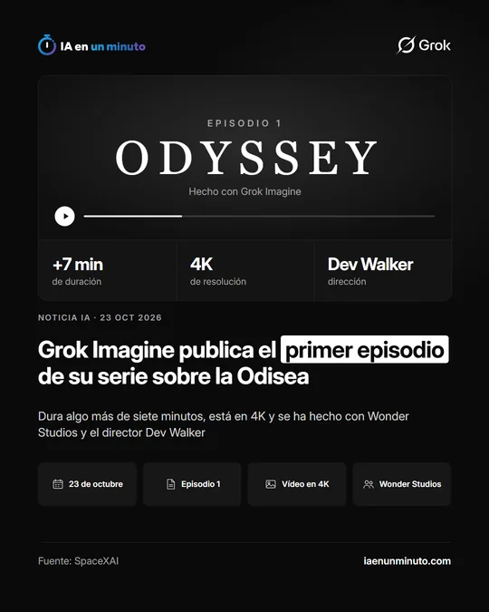 Imagen de IA en un minuto con el titular, una pantalla de vídeo y cuatro recuadros: 23 de octubre, episodio 1, vídeo en 4K y Wonder Studios.