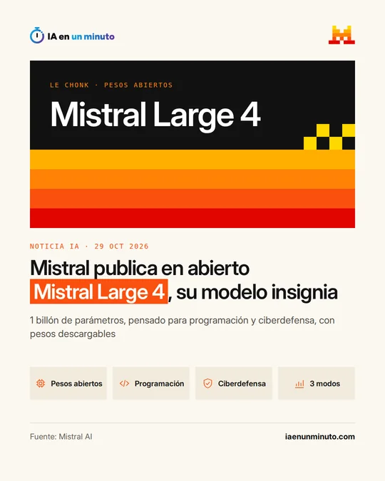 Imagen de IA en un minuto con el nombre Mistral Large 4 en grande sobre franjas naranjas y rojas y el titular "Mistral publica en abierto Mistral Large 4, su modelo insignia", con cuatro iconos: pesos abiertos, programación, ciberdefensa y 3 modos.